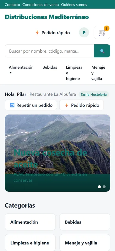 Portal de pedidos de un distribuidor visto desde el móvil de su cliente
