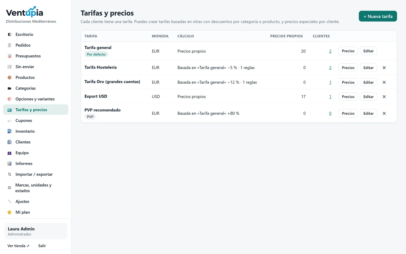 Pantalla de tarifas y precios de Ventupia con tarifas basadas en otras y en dólares