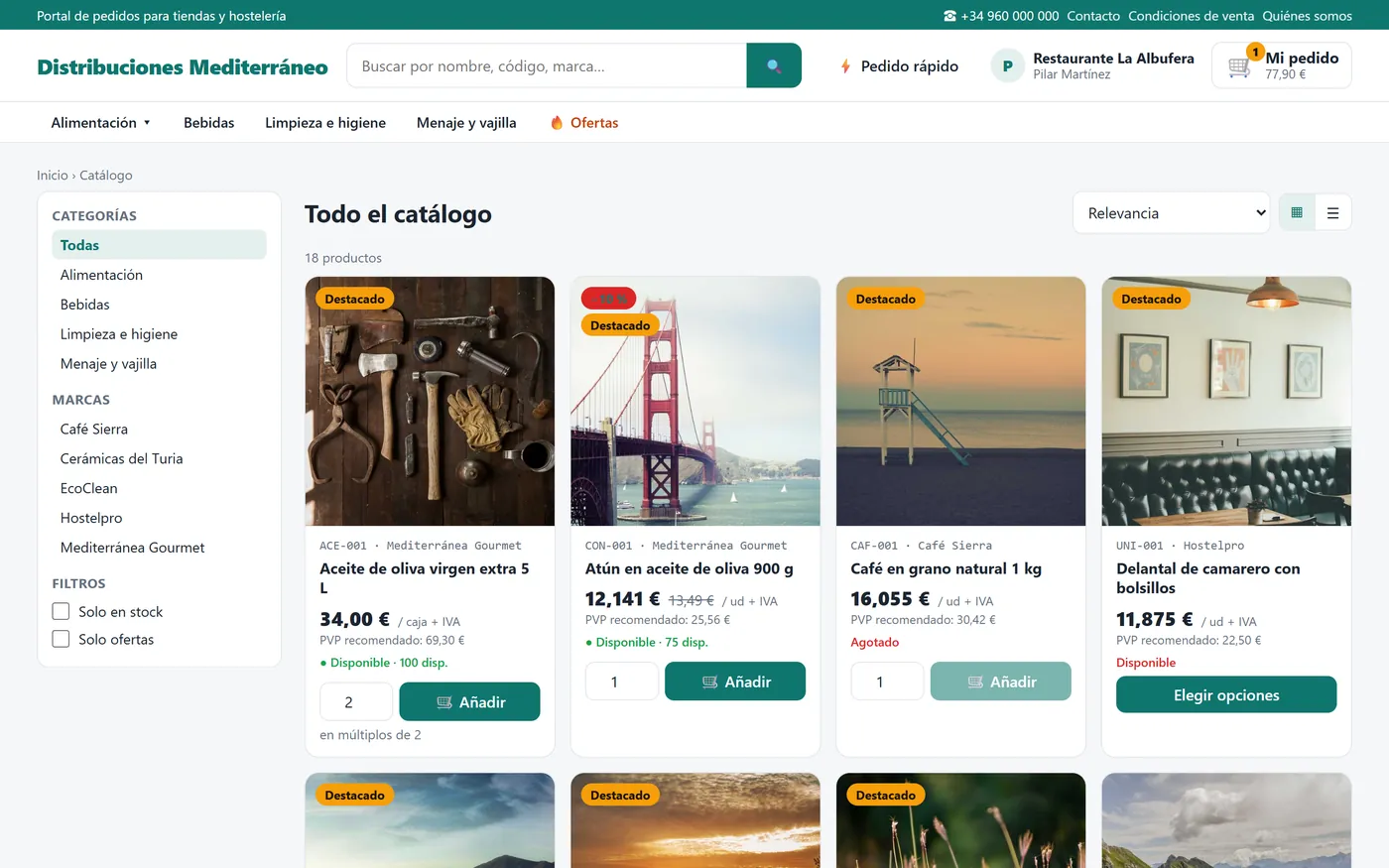 Catálogo mayorista con la marca del distribuidor, precios por cliente, ofertas y stock disponible