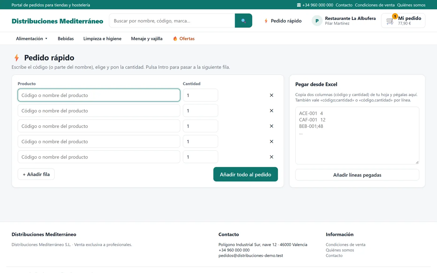 Pedido rápido en el portal B2B con líneas por código y caja para pegar desde Excel